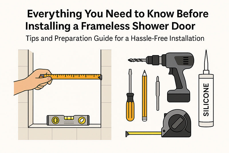 Illustration showing the essential tools for installing a frameless shower door, including a tape measure, power drill, screwdriver, pencil, and silicone sealant, with a hand measuring the shower door opening