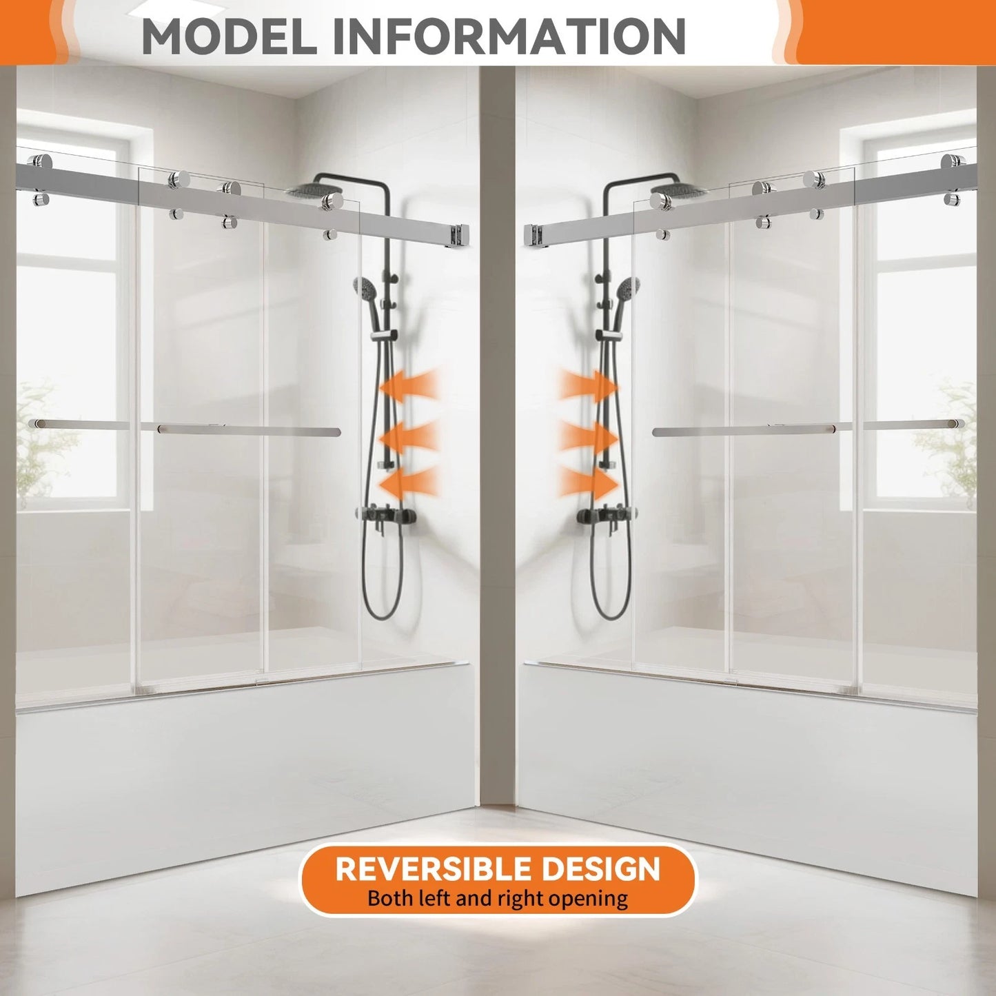 iBath Frameless Bathtub Door 56-60" W × 60" H 3/8" SGCC Tempered Glass Easy Clean