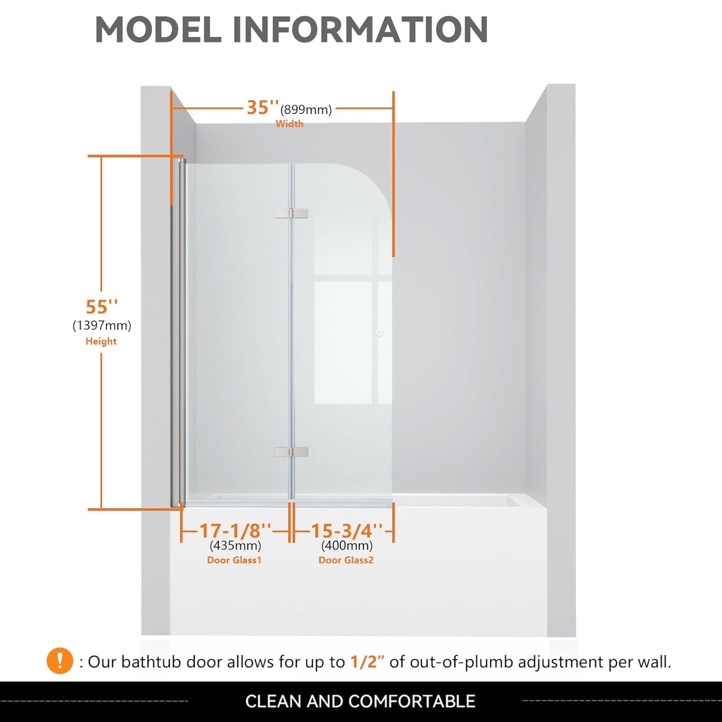 iBath 35" W × 55" H Bi-Folding Frameless Tub Door Brushed Nickel
