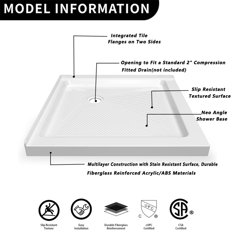 36"x36" Corner Drain Acrylic Shower Base - Double Threshold, Slip - Resistant Textured Surface, White - ibathshowers