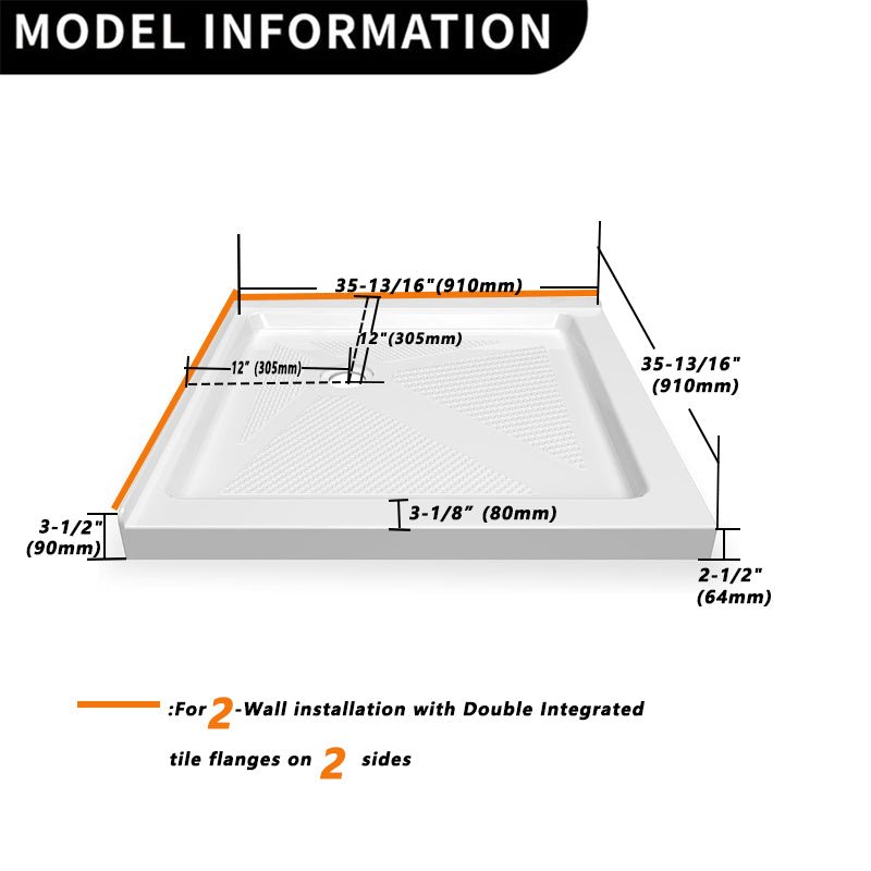 36"x36" Corner Drain Acrylic Shower Base - Double Threshold, Slip - Resistant Textured Surface, White - ibathshowers