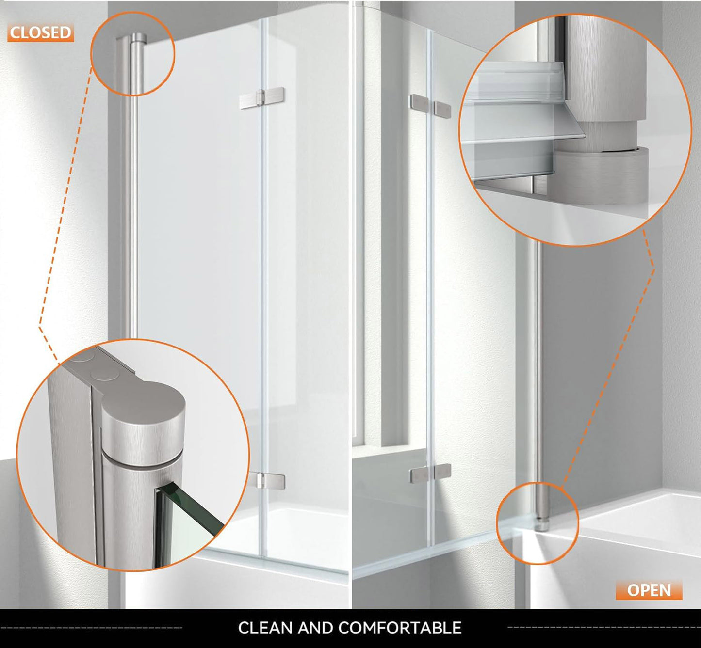 iBath 35" W × 55" H Bi-Folding Frameless Tub Door Brushed Nickel