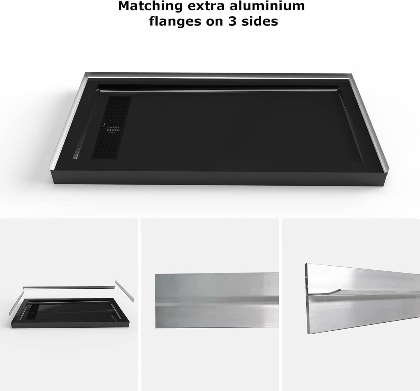 60" L x 32" W Acrylic Shower Base with Stainless Steel Drain & 3 Aluminum Flanges – Black - ibathshowers