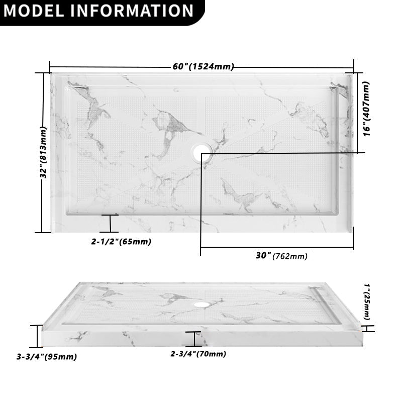 60" x 32" Center Drain Shower Base, Non-Slip Textured Surface, Marble White
