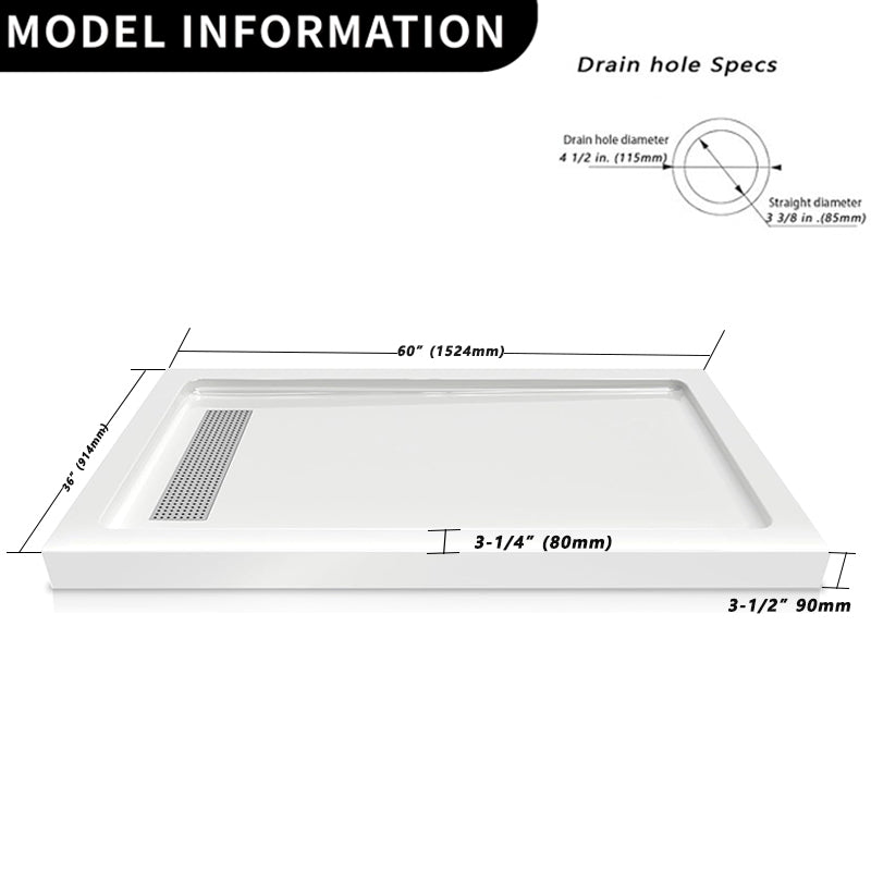 60"x36" Acrylic Shower Base with Stainless Steel Drain, Left/Right Drain Options, White - ibathshowers