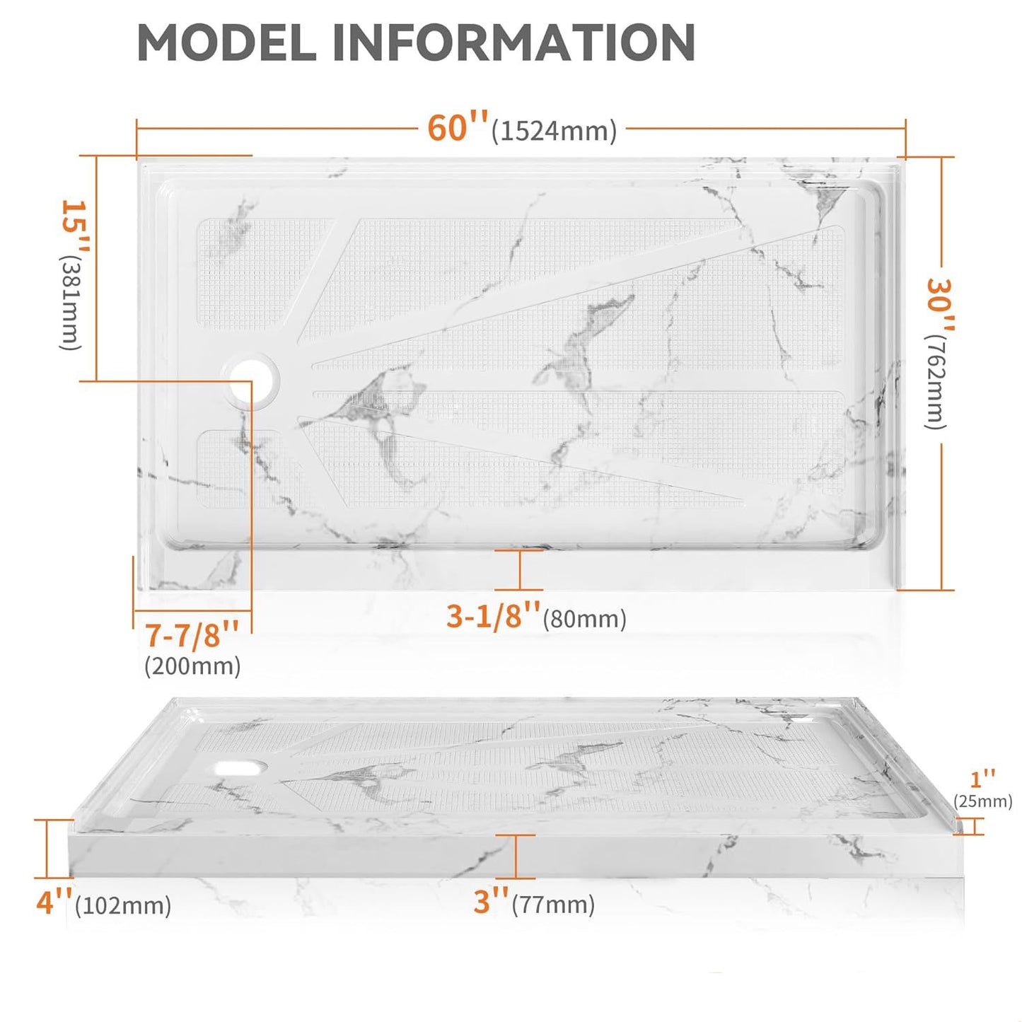 iBath 60" x 30"Left Drain Shower Base - Single Threshold, Slip-Resistant Marble White Shower Pan for Modern Bathrooms