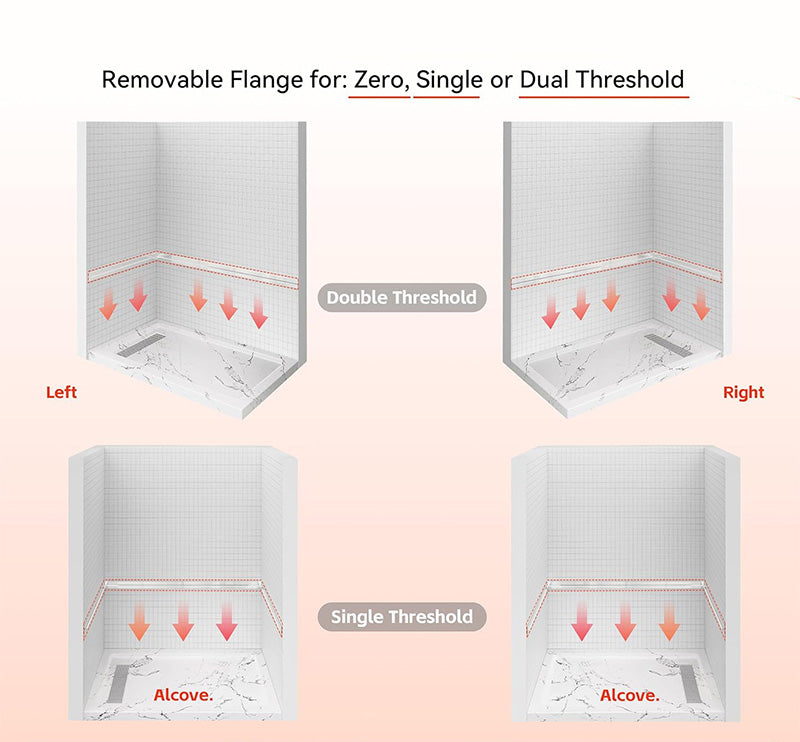 48 in x 32 in Shower Base, with Linear Drain Cover and Reversible, Pre-Sloped Acrylic and Fiberglass Shower Pan with Removable Flanges, Carrara White