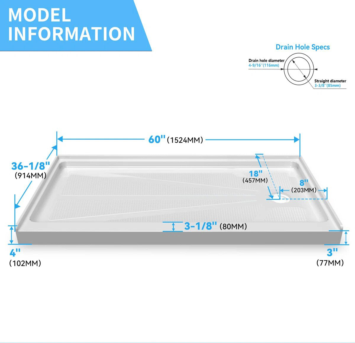 iBath 60" x 36" Rectangular Shower Base, Slip-Resistant Alcove Pan with Right Drain – ABC6036R/1-W