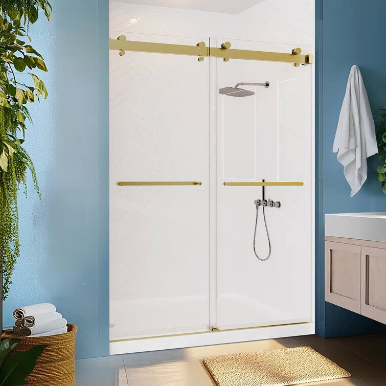iBath Frameless Double Sliding Shower Door, 50–54'' W x 76'' H, Brushed Gold