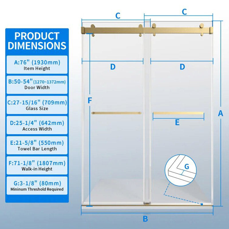 iBath Double Sliding Frameless Shower Door, 50–54" W × 76" H, 3/8" Tempered Glass