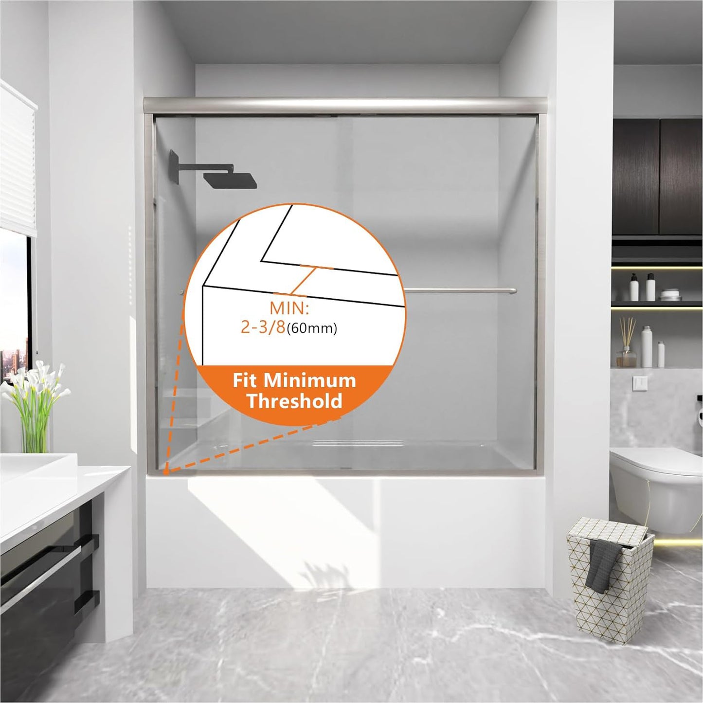 iBath Sliding Tub Door, 56–60" W, Brushed Nickel – Berlin