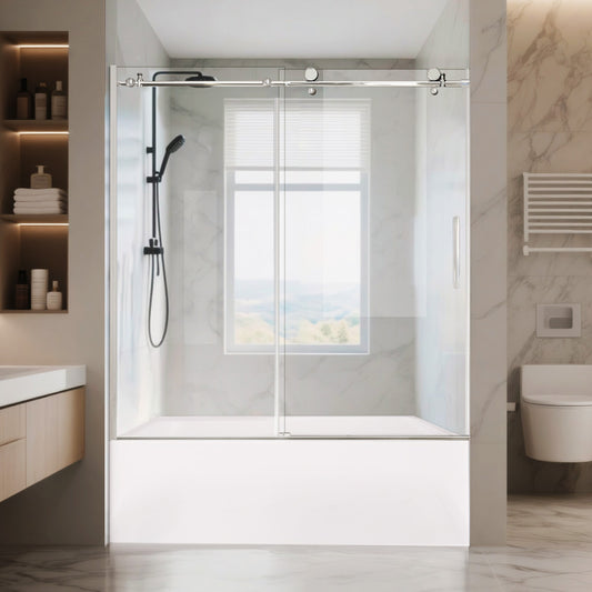 iBath Frameless Bathtub Door, 57 1/2"–60" W x 60" H, Chrome Finish