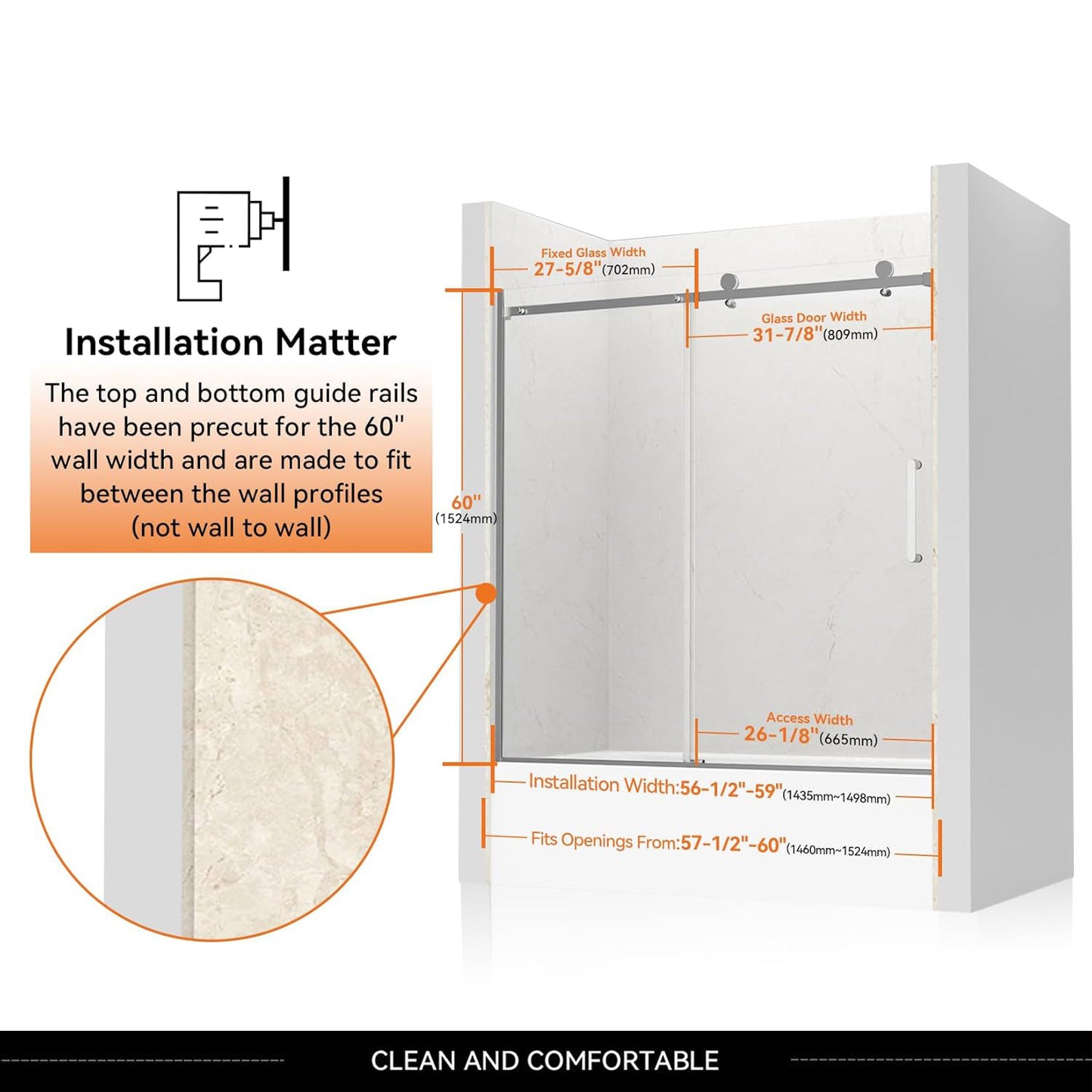 iBath Frameless Bathtub Door, 57 1/2"–60" W x 60" H, Chrome Finish