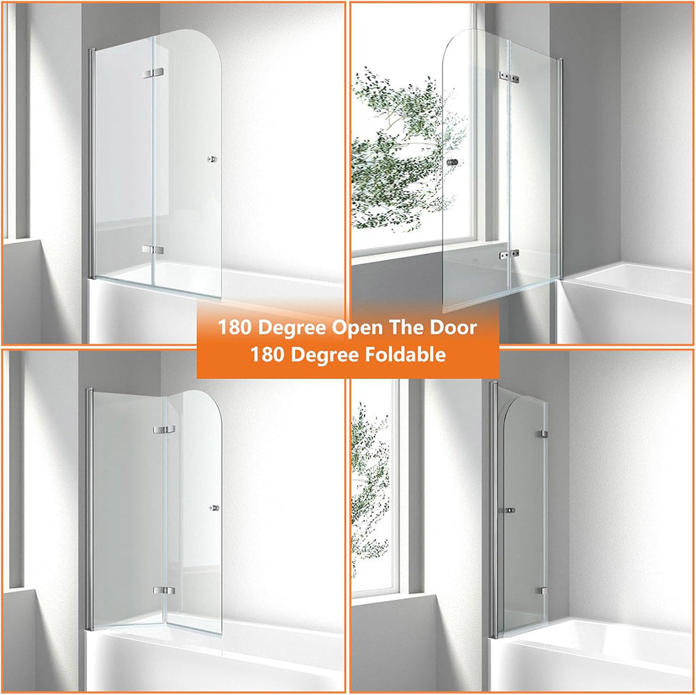 iBath Frameless Bi-Folding Bathtub Shower Door, 35" W x 55" H, with Polished Steel Finish