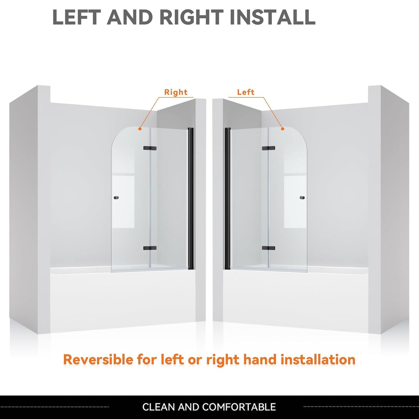 iBath 35" W x 55" H Bi-Folding Frameless Bathtub Shower Door – Matte Black