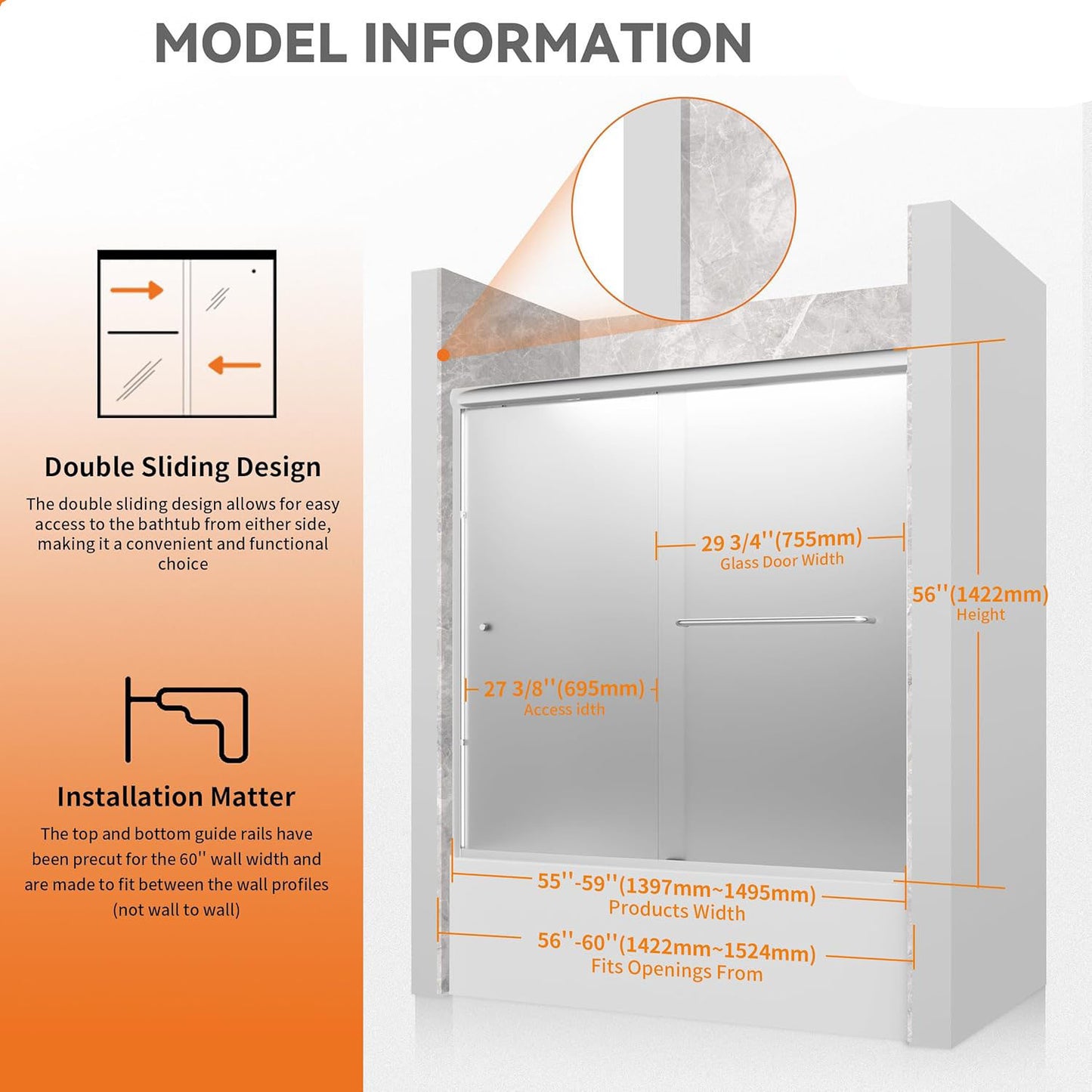 iBath Semi-Frameless Sliding Bathtub Door, 56–60" W x 56" H, Frosted Tempered Glass