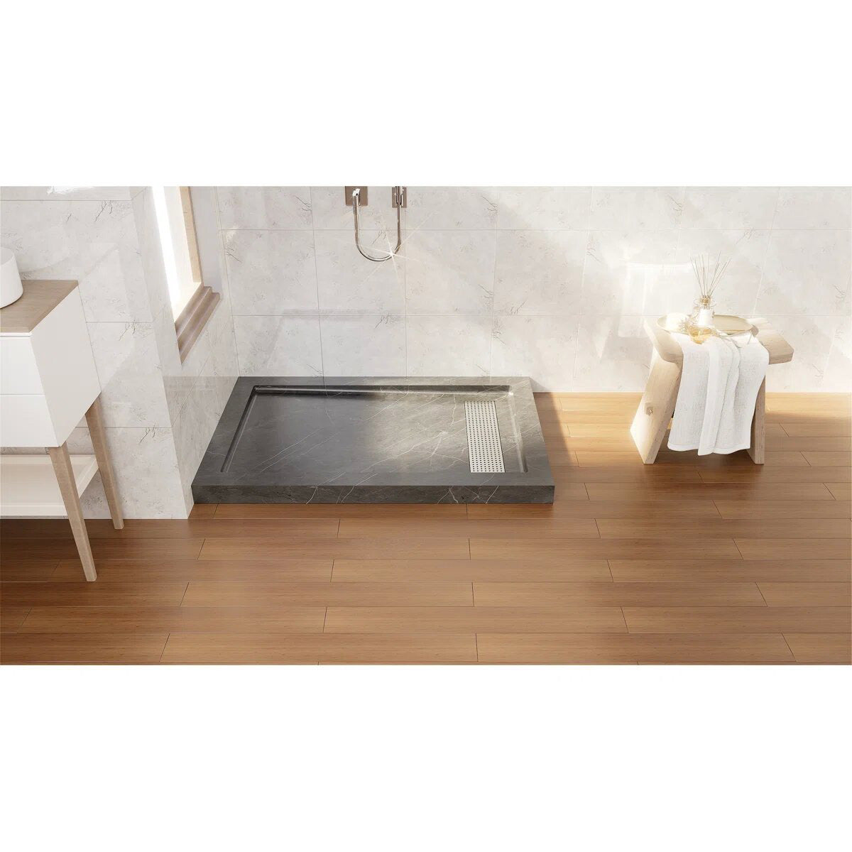 iBath 48" x 32" Shower Base with Linear Drain, Reversible Design, Removable Flanges, Acrylic Shower Pan, Marble Gray – SS4832-MG-W