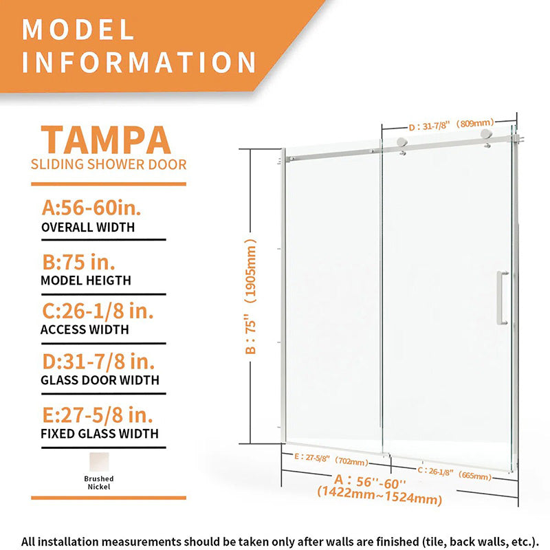 iBath Single Sliding Frameless Shower Door, 55–59" W x 75" H, Nicke