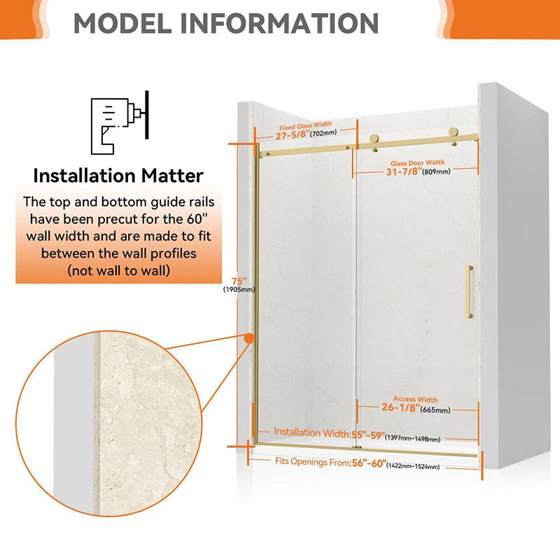iBath Single Sliding Frameless Shower Door, 55–59" W x 75" H,Brushed Gold