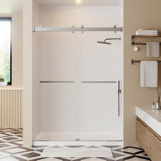 iBath IB-RM6076-CH frameless sliding shower door as part of a stylish bathroom upgrade.
