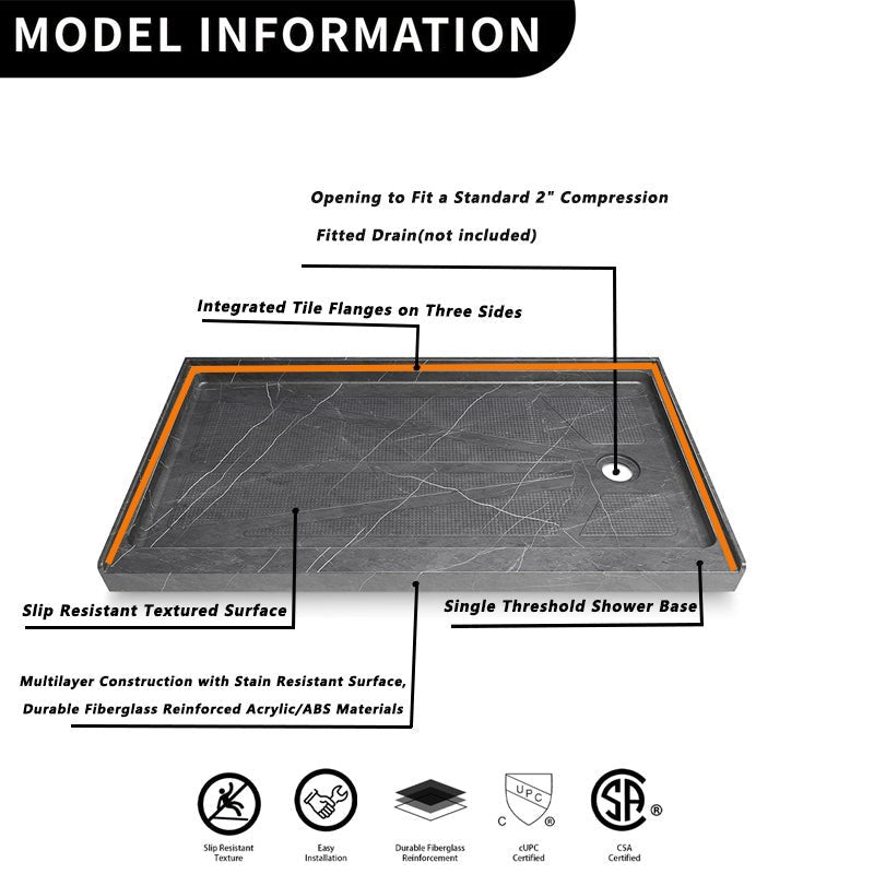 Ibath 60" x 30" Right Drain Fiberglass Shower Base, Slip - Resistant Marble Grey - ibathshowers