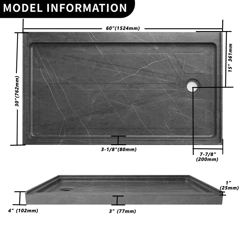 Ibath 60" x 30" Right Drain Fiberglass Shower Base, Slip - Resistant Marble Grey - ibathshowers