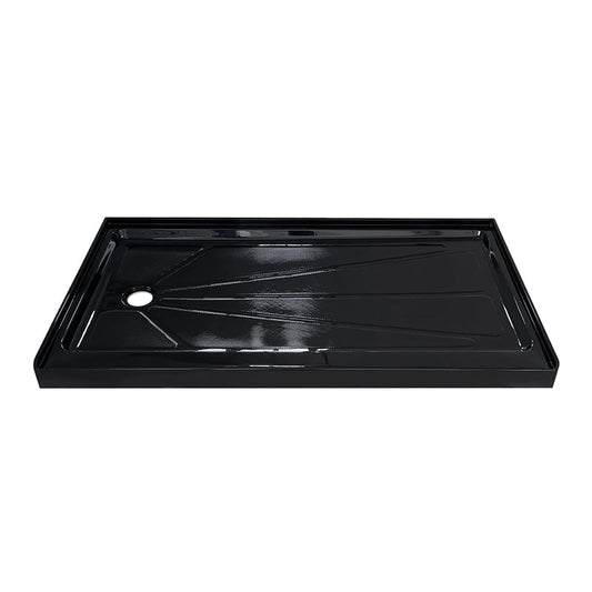 iBath 60" x 30" Single Threshold Shower Base, Left Drain, Slip - Resistant Textured Acrylic Shower Pan – Black - ibathshowers