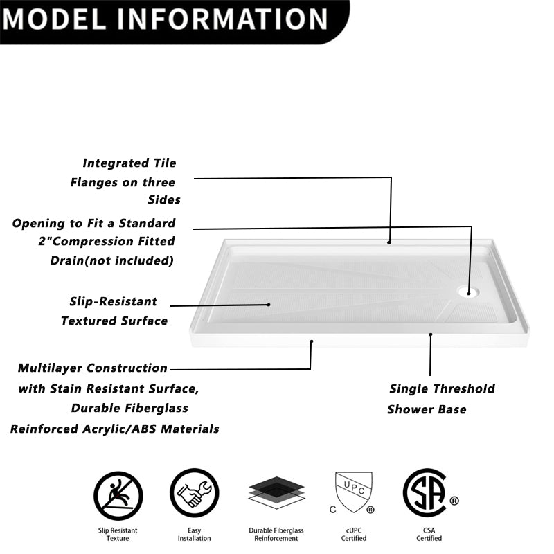 iBath 60" x 30" Single Threshold Shower Base, Right Drain, Slip - Resistant Acrylic Shower Pan – White - ibathshowers