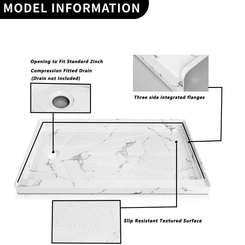 iBath 60" x 30"Left Drain Shower Base - Single Threshold, Slip - Resistant Marble White Shower Pan for Modern Bathrooms - ibathshowers
