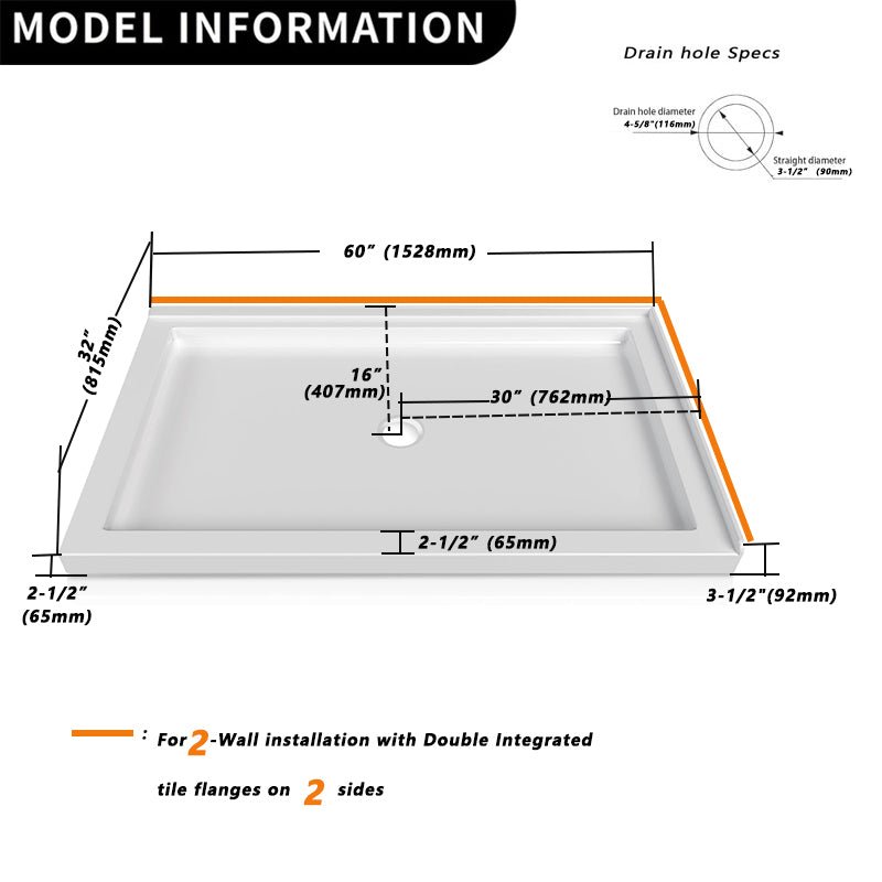 iBath 60" x 32" Shower Base – Double Threshold, Center Drain, Right - Side Flange, White AcryliciBath - ibathshowers