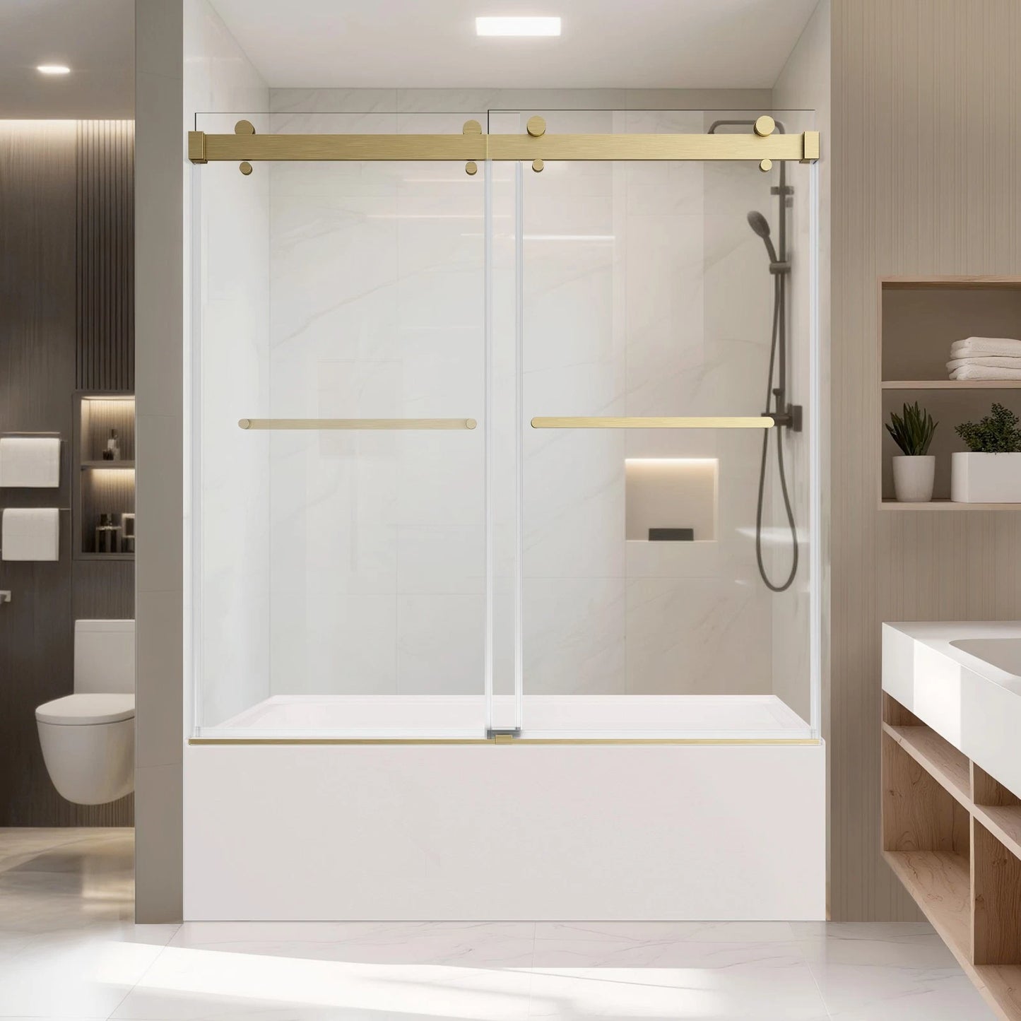 iBath Frameless Bathtub Door 56-60" W × 60" H 3/8" SGCC Tempered Glass Easy Clean