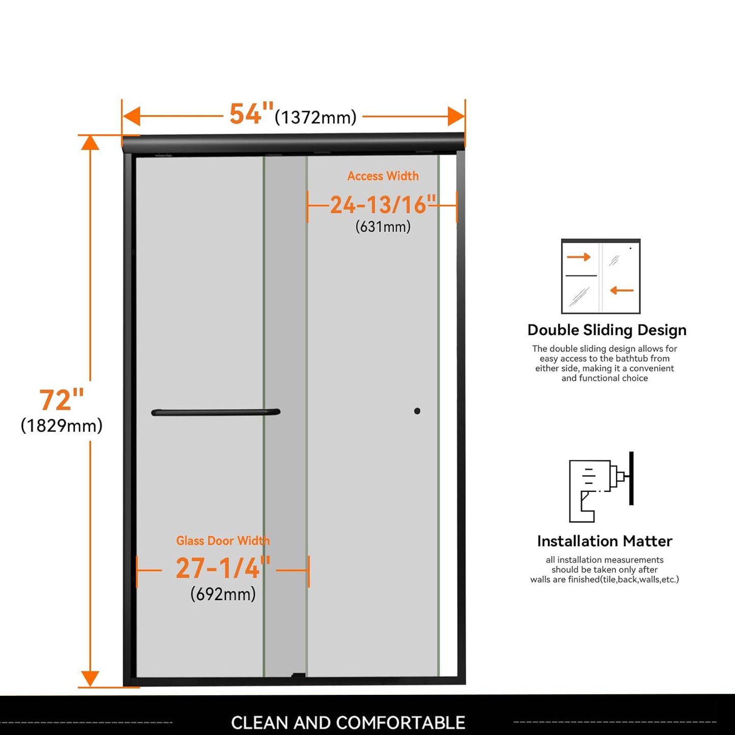 iBath Semi-Frameless Double Sliding Shower Door, 50"–54" W x 72" H,Matte Black