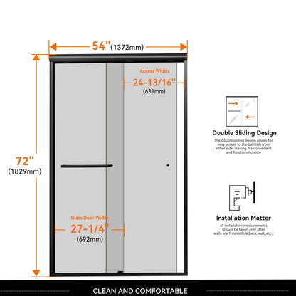 iBath Semi-Frameless Double Sliding Shower Door, 50"–54" W x 72" H,Matte Black
