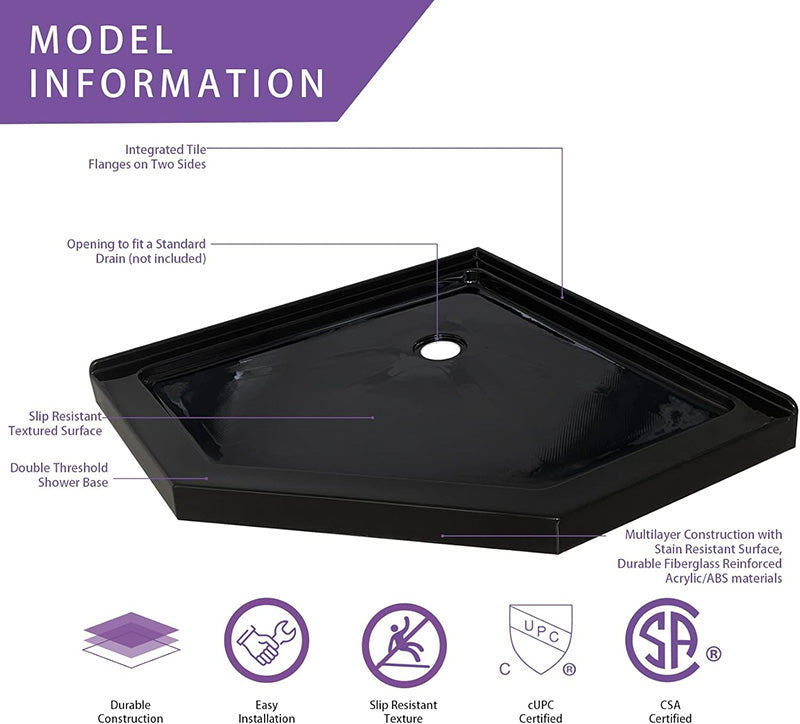 38 in. L x 38 in. W Corner Drain Shower Base, Neo Angle Shower Pan with Slip Resistant Textured Surface, Black