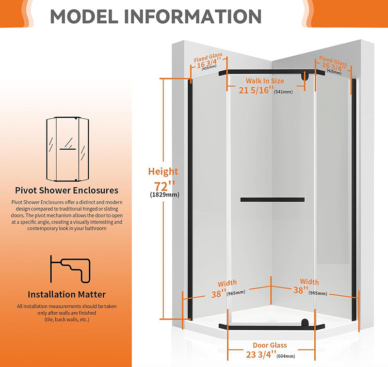 iBath Corner Shower Door 38", Reversible Pivot, Easy-Clean