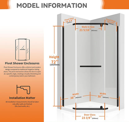iBath Corner Shower Door 38", Reversible Pivot, Easy-Clean