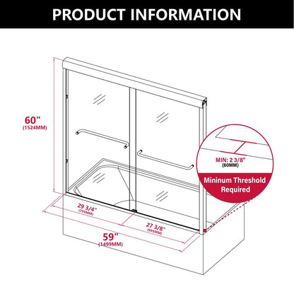 55" - 59'' W x 60'' H Double Sliding Door Semi-Frameless Tub Door With Two Towel Bars IBTMDS-5960-CH