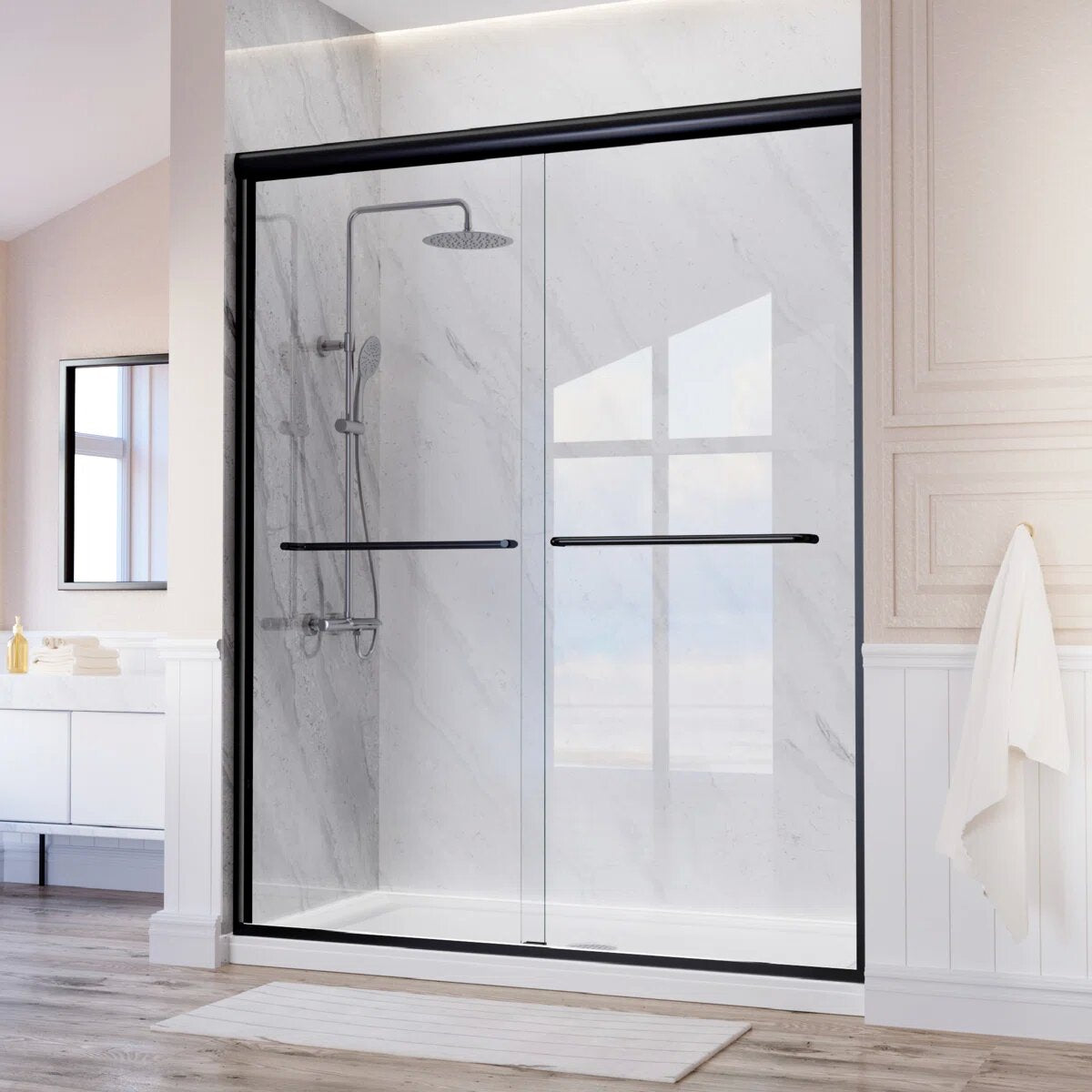 55" - 59'' W x 72'' H Double Sliding Door Semi-Frameless Shower Door With Two Towel Bars IBTMDS-5972-MB