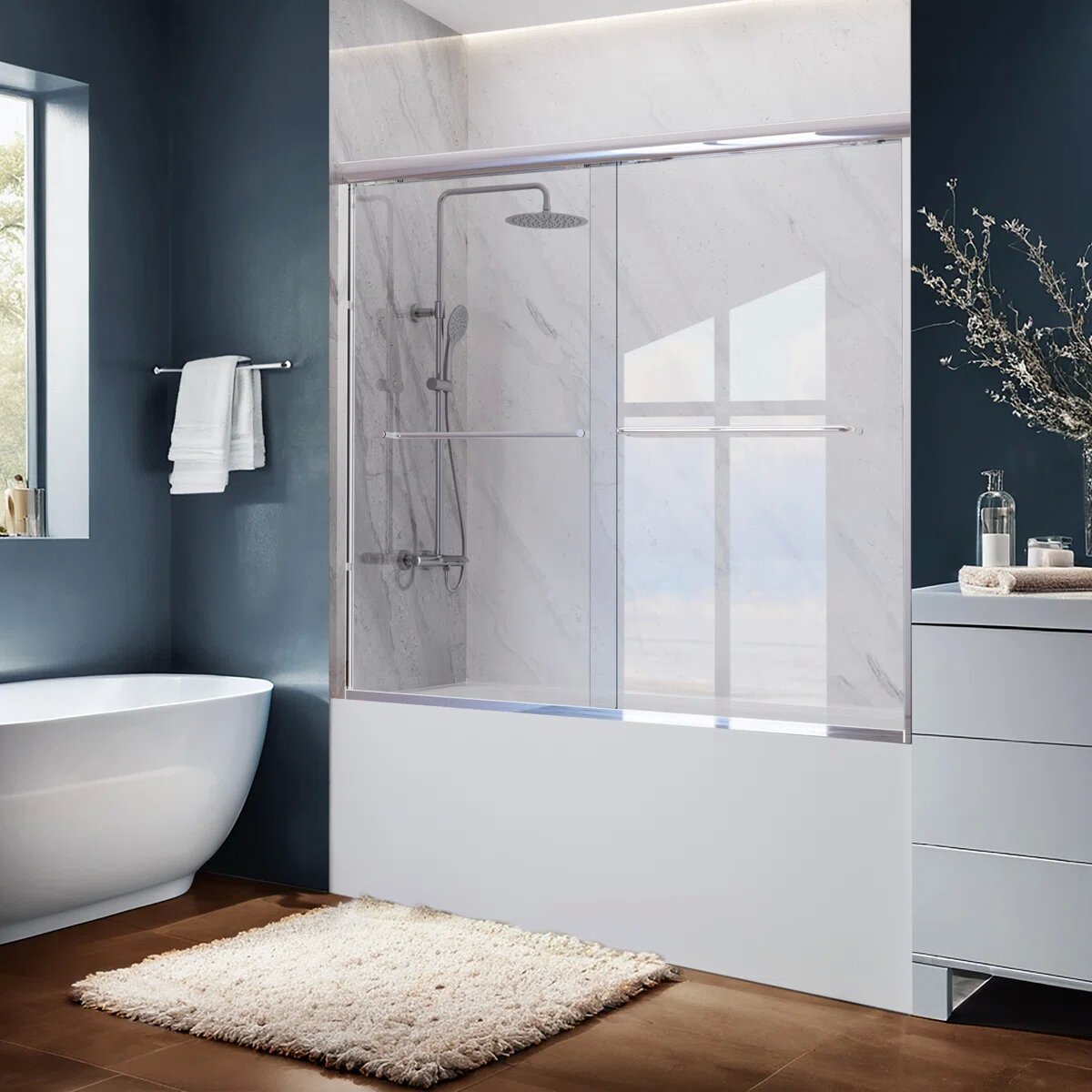 55" - 59'' W x 60'' H Double Sliding Door Semi-Frameless Tub Door With Two Towel Bars IBTMDS-5960-CH