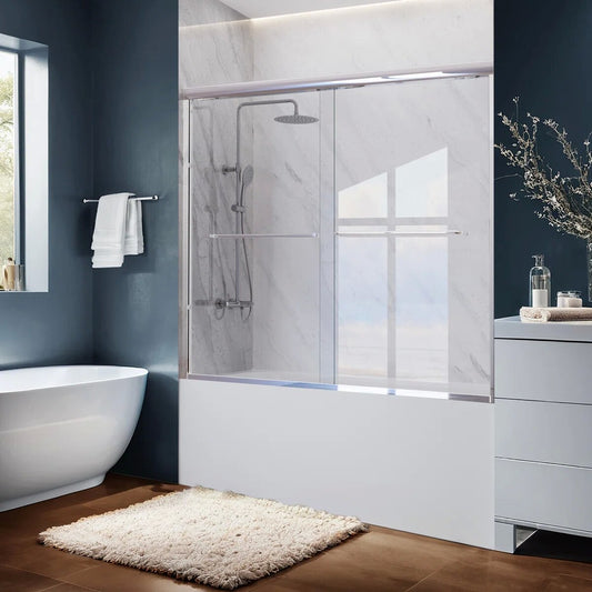 55" - 59'' W x 60'' H Double Sliding Door Semi-Frameless Tub Door With Two Towel Bars IBTMDS-5960-CH