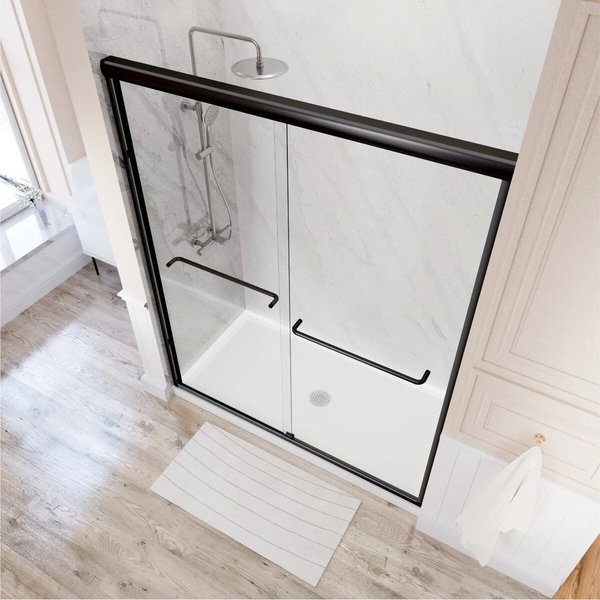 55" - 59'' W x 72'' H Double Sliding Door Semi-Frameless Shower Door With Two Towel Bars IBTMDS-5972-MB