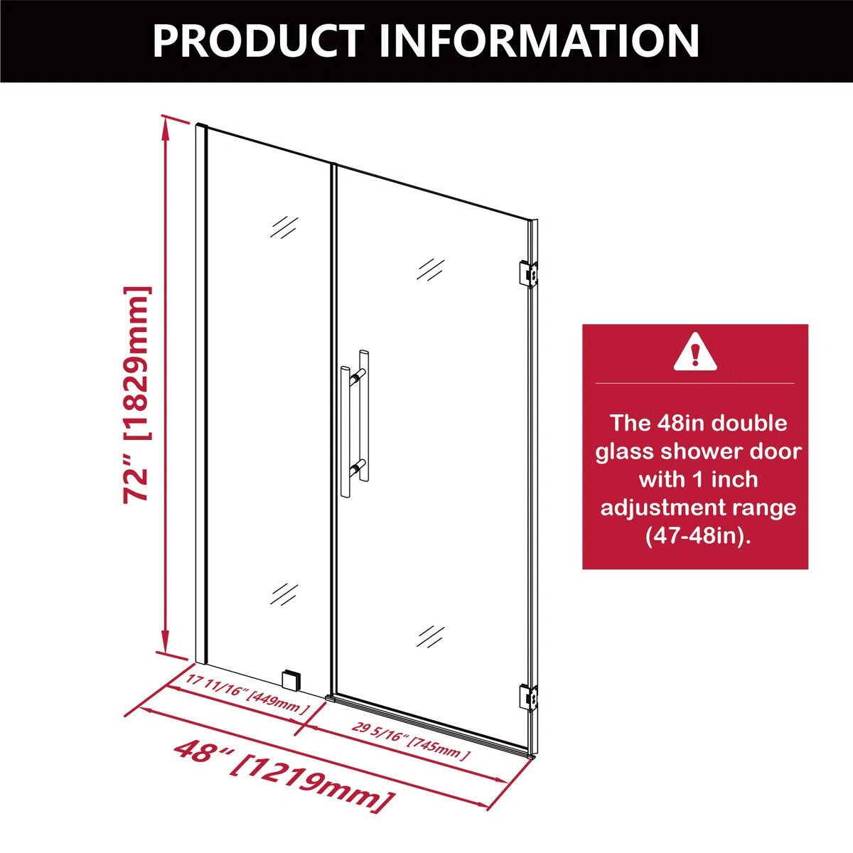 iBath 47" - 48" W x 72" H Hinged Frameless Shower Door  IBTMW4872A-MB