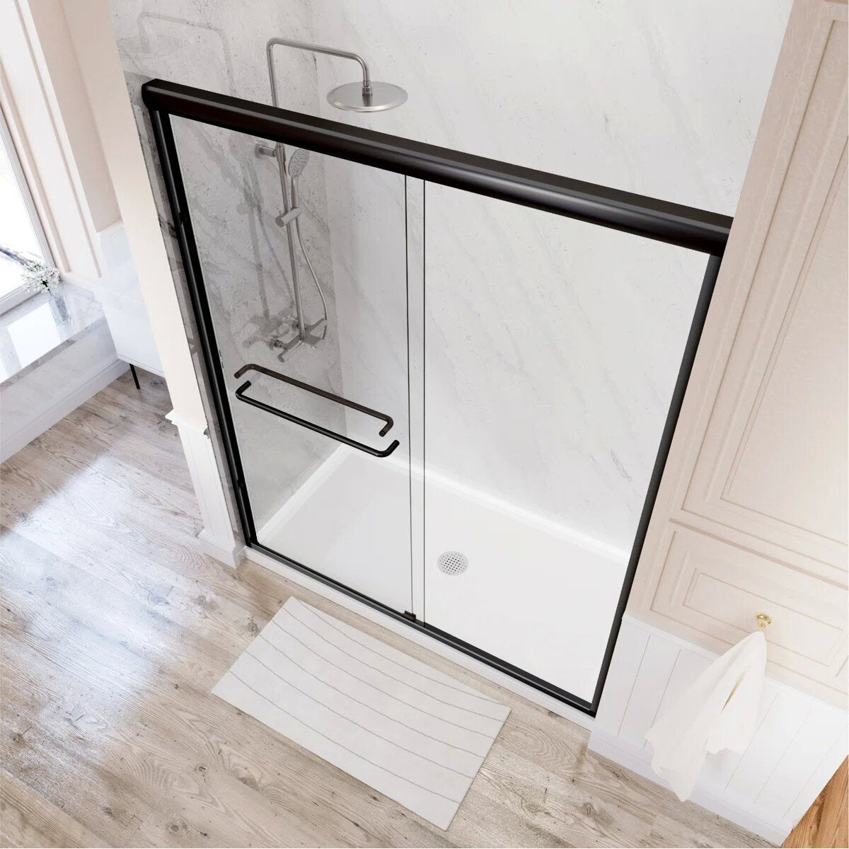 55" - 59'' W x 72'' H Double Sliding Door Semi-Frameless Shower Door With Two Towel Bars IBTMDS-5972-MB