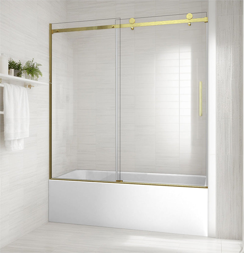 iBath 57-60 in. W x 60 in. H Sliding Frameless Tub Door in Satin Gold with Clear Glass