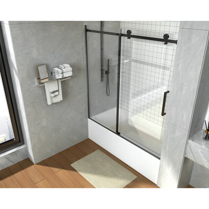 iBath Sliding Frameless Tub Door, 55"–59" W x 60" H, 5/16" Tempered Glass, Matte Black, TE-1-5960-MB-40-W