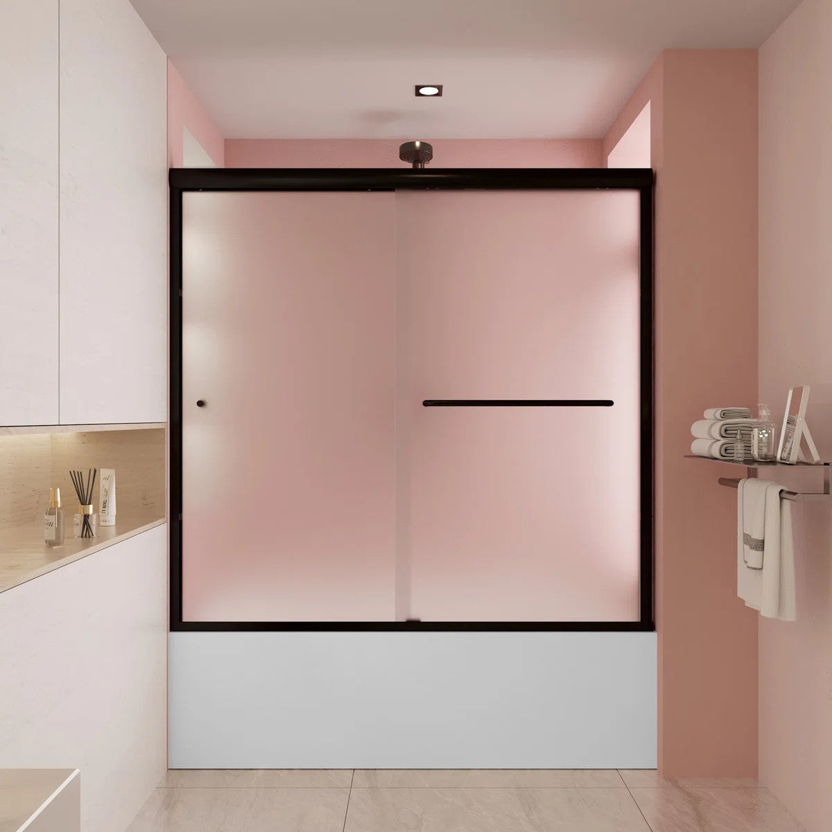 55" to 59" W x 56" H Matte Black Double Sliding Semi-Frameless Tub Door with Frosted Glass HX5956MB-F-W