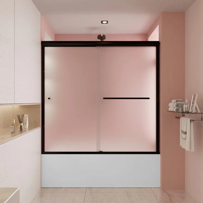 55" to 59" W x 56" H Matte Black Double Sliding Semi-Frameless Tub Door with Frosted Glass HX5956MB-F-W