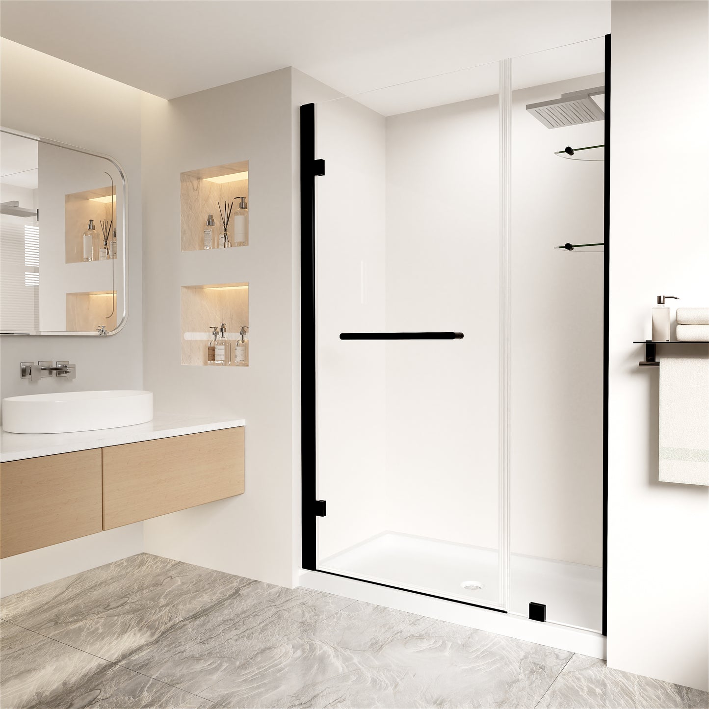 Okaybay 46–48" W x 72" H Frameless Pivot Shower Door with Shelves, 1/4" Clear Glass, Matte Black