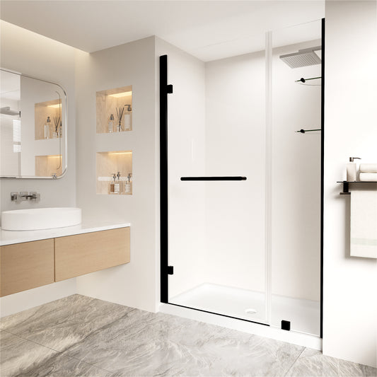 Okaybay 46–48" W x 72" H Frameless Pivot Shower Door with Shelves, 1/4" Clear Glass, Matte Black