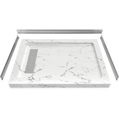 48 in x 32 in Shower Base, with Linear Drain Cover and Reversible, Pre-Sloped Acrylic and Fiberglass Shower Pan with Removable Flanges, Carrara White